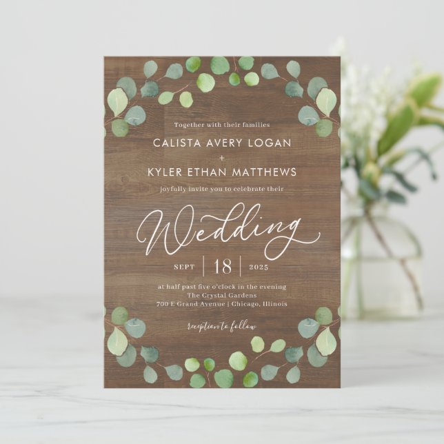 Rustic Eucalyptus Wedding Invitation REU (Standing Front)
