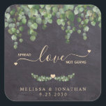 Rustic Eucalyptus Wedding Spread Love Not Germs  Square Sticker<br><div class="desc">Spread Love Not Germs Wedding Favour Sticker ! Add a sense of safety and comfort to your wedding while keeping guests comfortable. These rustic chalkboard and eucalyptus greenery hand sanitizer stickers are simple yet elegant. COPYRIGHT © 2020 Judy Burrows, Black Dog Art - All Rights Reserved. Rustic Eucalyptus Wedding Spread...</div>