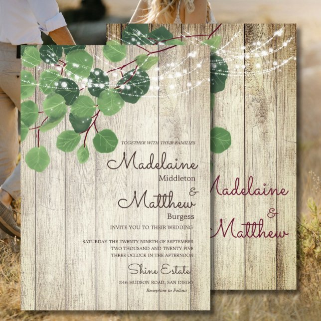 Rustic Eucalyptus  Wood Leaves Lights Wedding Invitation (Creator Uploaded)