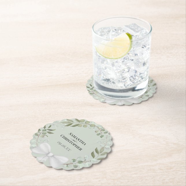 Rustic Eucalyptus Wreath Sage Green Wedding Paper  Coaster (Insitu)