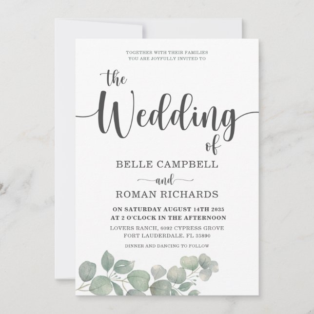 Rustic Eucalyputus Dusty Blue Wedding Invitation (Front)