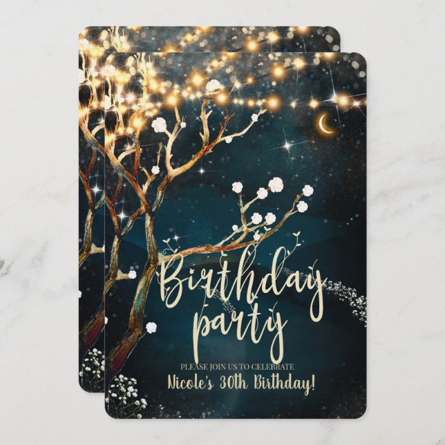 Rustic Evening Tree Lights Starry Birthday Party Invitation (Front/Back)