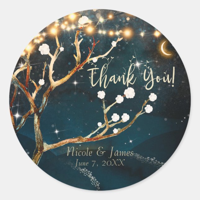 Rustic Evening Tree Lights Starry Night Wedding Classic Round Sticker (Front)