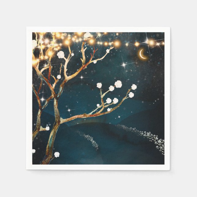 Rustic Evening Tree Lights Starry Night Wedding Napkin (Front)