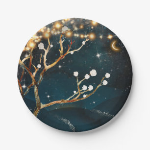 Rustic Evening Tree Lights Starry Night Wedding Paper Plate
