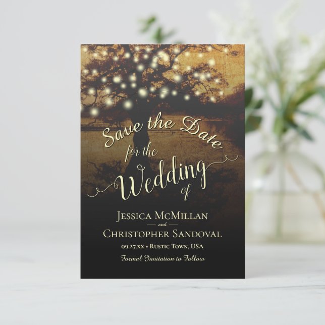 Rustic Evening Tree with Lights Wedding Save The Date (Standing Front)