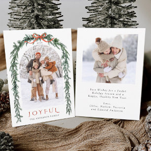 Rustic Evergreen Garland Arch Photo Joyful Holiday Card