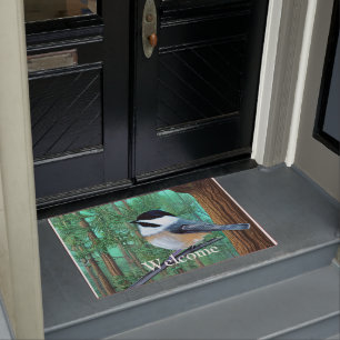 Rustic Evergreen Pine Chickadee Doormat