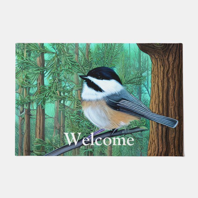 Rustic Evergreen Pine Chickadee Doormat (Front)