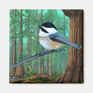 Rustic Evergreen Pine Chickadee Magnet