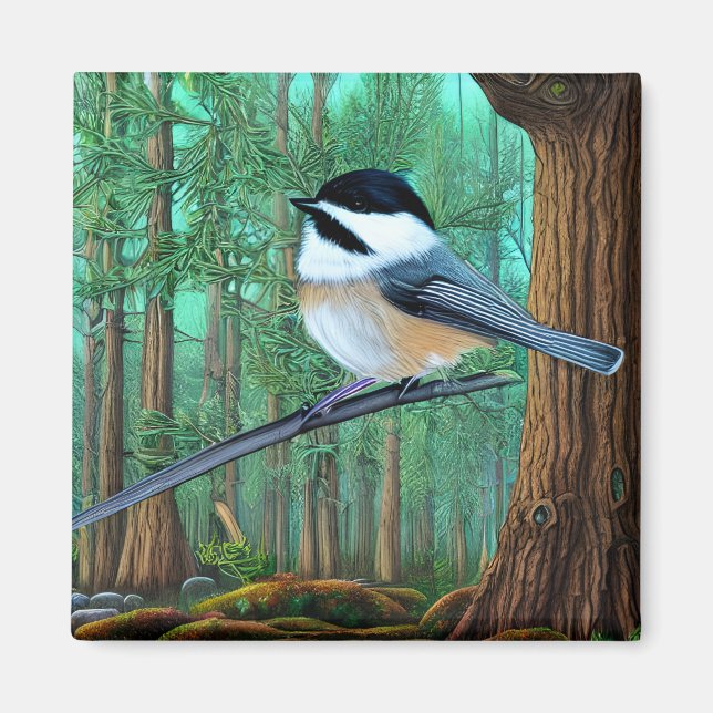 Rustic Evergreen Pine Chickadee Magnet (Front)