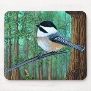 Rustic Evergreen Pine Chickadee Mouse Mat