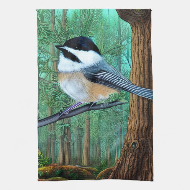 Rustic Evergreen Pine Chickadee Tea Towel (Vertical)