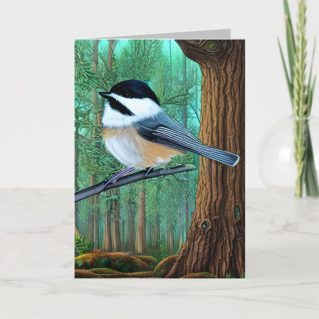 Rustic Evergreen Pine Chickadee Thank You Card (Front)