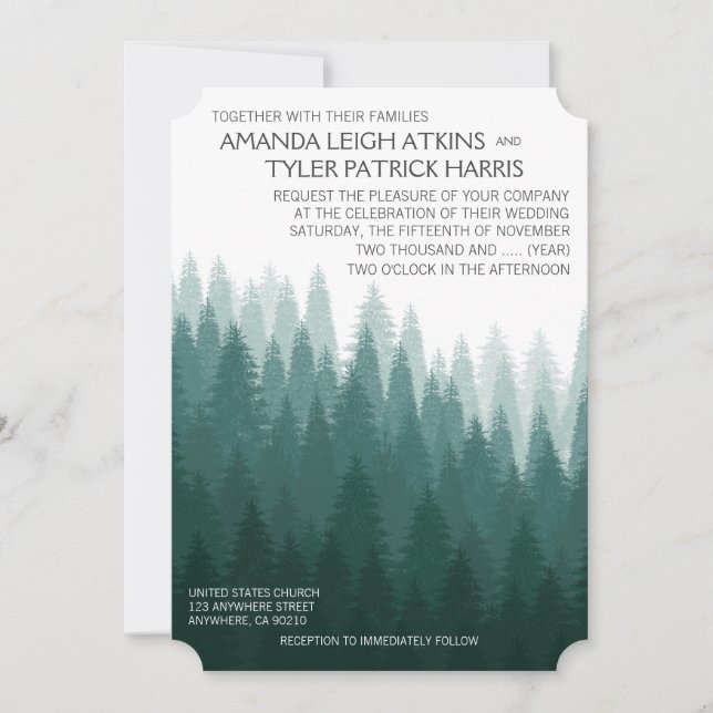 Rustic Evergreen Pine Tree Wedding Invitations (Front)