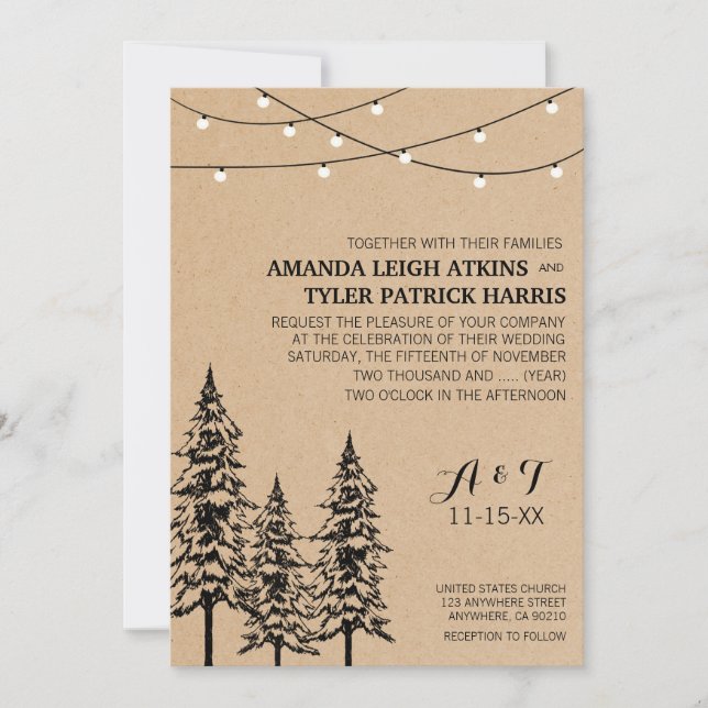 Rustic Evergreen Pine Tree Wedding Invitations (Front)