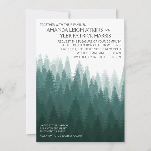 Rustic Evergreen Pine Tree Wedding Invitations (Front)