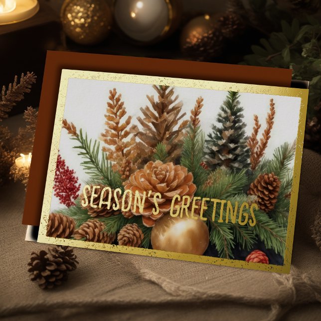 Rustic Evergreen Pinecone Watercolor Christmas Foil Holiday Card (Creator Uploaded)