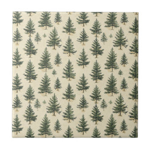 Rustic Evergreen Tree Sketch Cream Woodland Tile