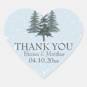 Rustic Evergreen Winter Pine Trees Wedding Favours Heart Sticker