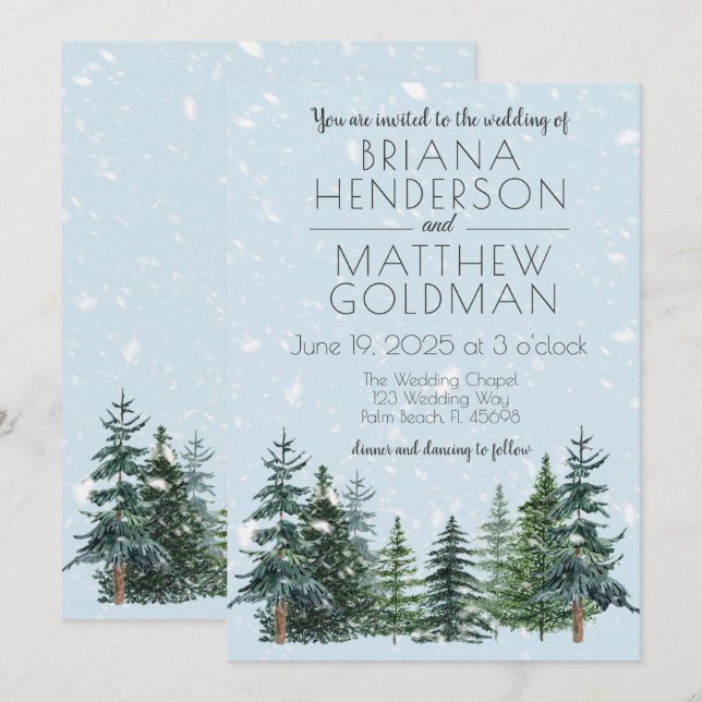 Rustic Evergreen Winter Pine Trees Wedding Invitation (Front/Back)