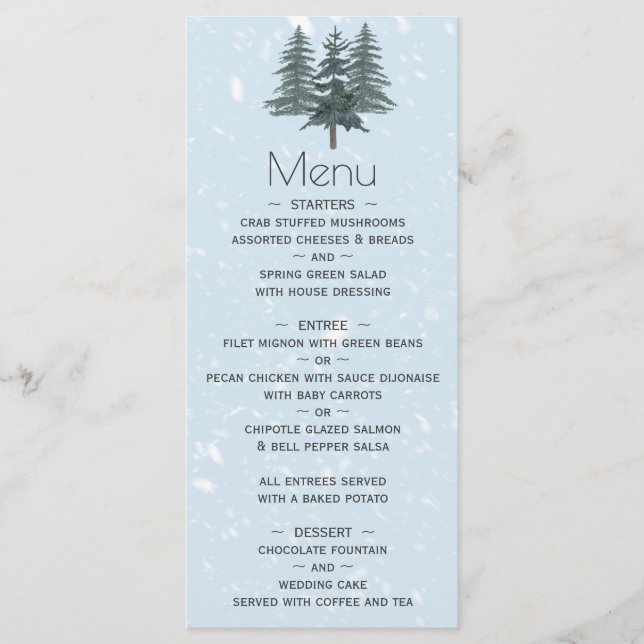 Rustic Evergreen Winter Pine Trees Wedding Menu (Front)