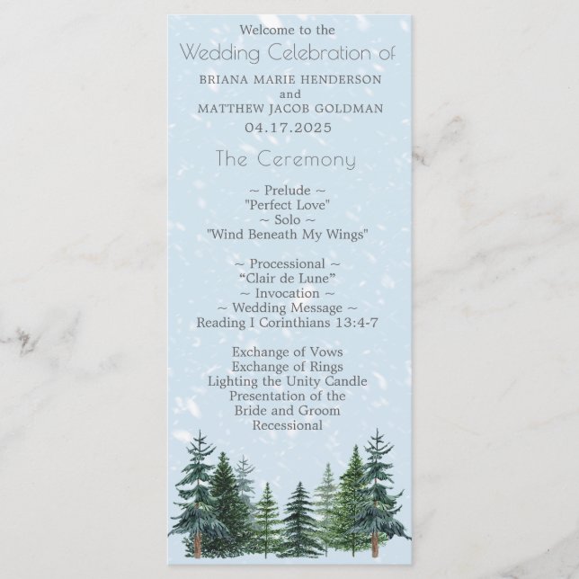 Rustic Evergreen Winter Pine Trees Wedding Programme (Front)