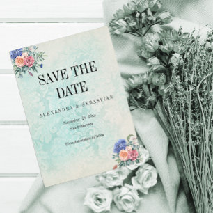 Rustic Faded Damask and Roses Wedding Save The Date