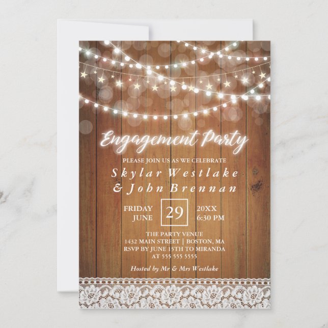 Rustic Fairy Lights Engagement Party Invitation (Front)