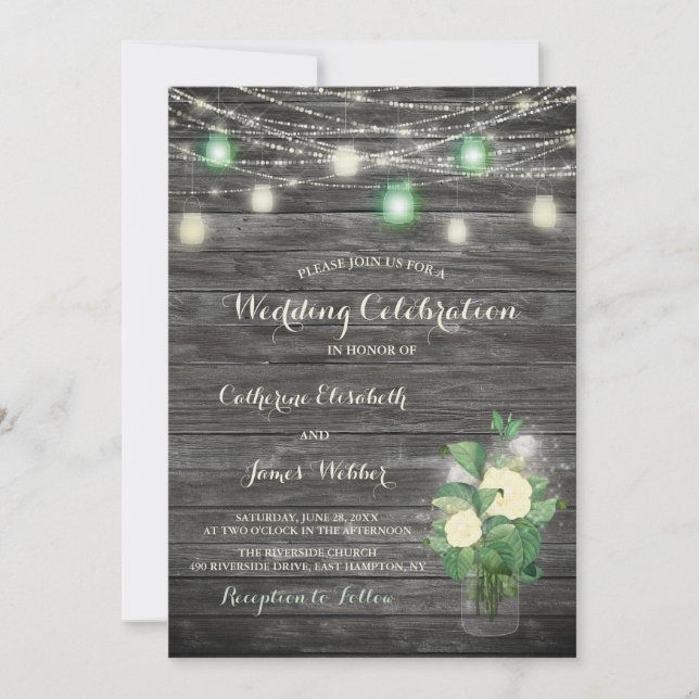 Rustic Fairy Lights Mason Jar Wedding Invitaton Invitation (Front)
