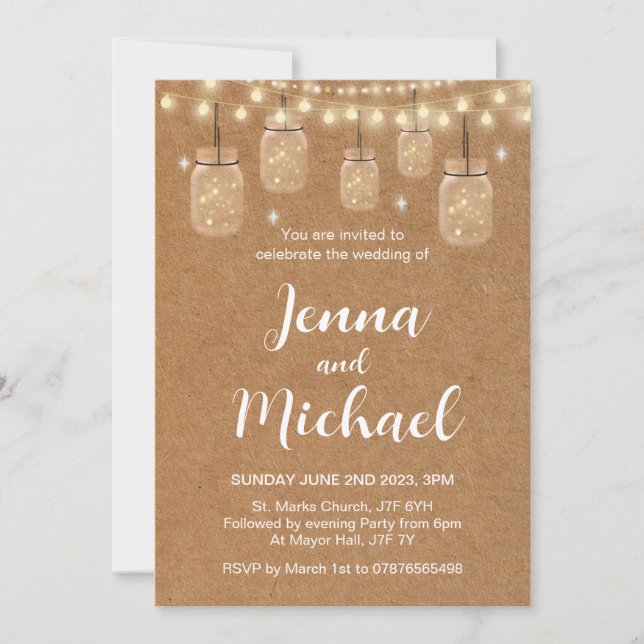 Rustic fairy lights wedding invitation, mason jar invitation (Front)