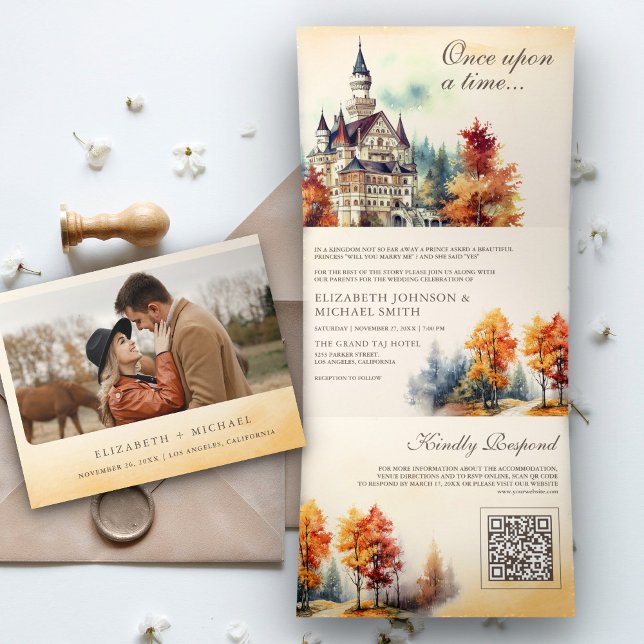 Rustic Fairytale Castle QR Code Story Book Wedding Tri-Fold Invitation (Creator Uploaded)