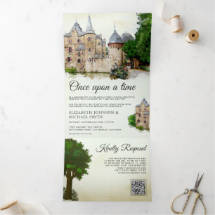 Rustic Fairytale Castle Story Book QR Code Wedding Tri-Fold Invitation