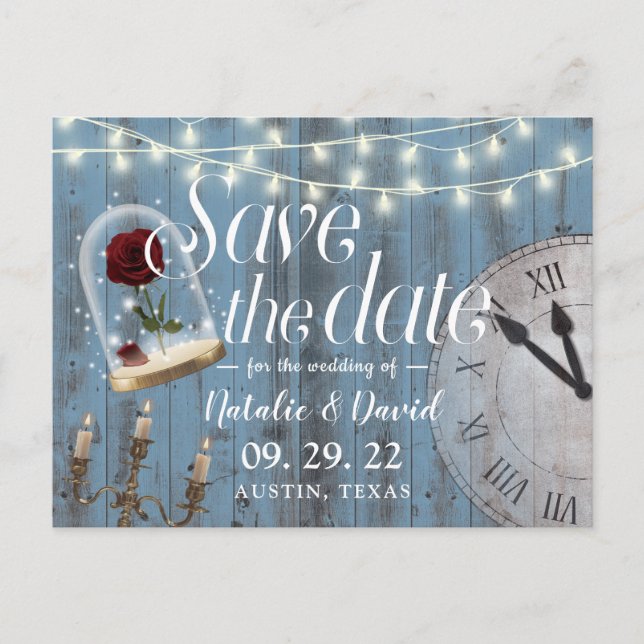 Rustic Fairytale Wedding Dusty Blue Save the Date Announcement Postcard (Front)