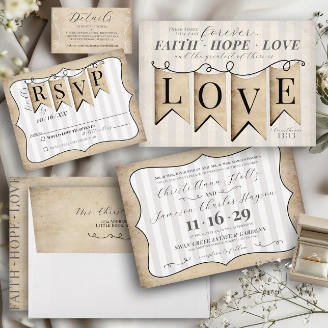 Rustic Faith Hope Love Religious Christian Wedding Invitation (Rustic religious Christian banner Faith Hope & Love banner stripes classic wedding stationery suite)