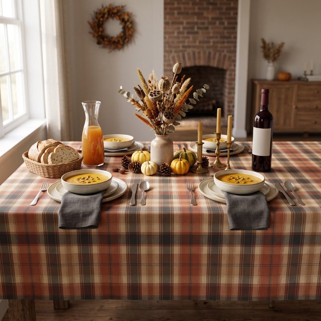 Rustic Fall Autumn Classic Plaid Rust Cream Black Tablecloth (Creator Uploaded)