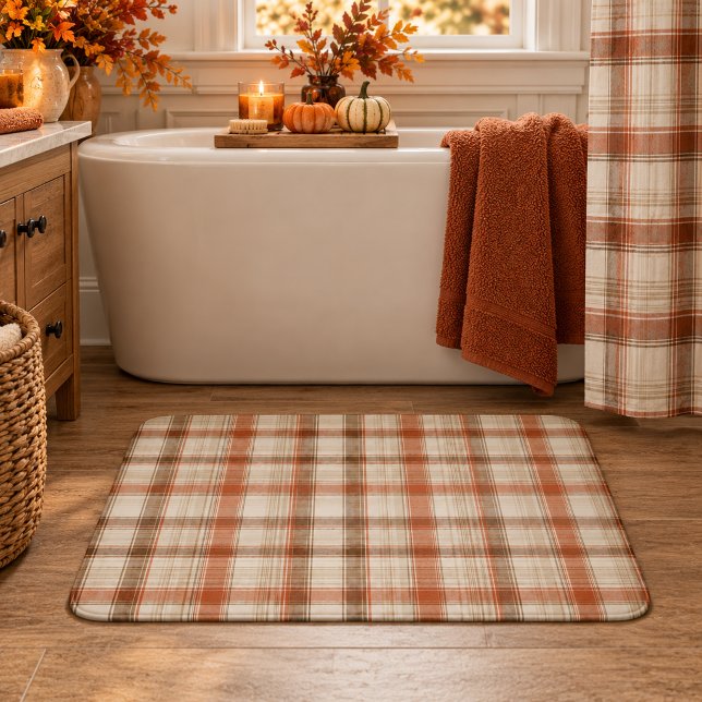 Rustic Fall Autumn Classic Plaid Rust Cream Brown Bath Mat (Creator Uploaded)