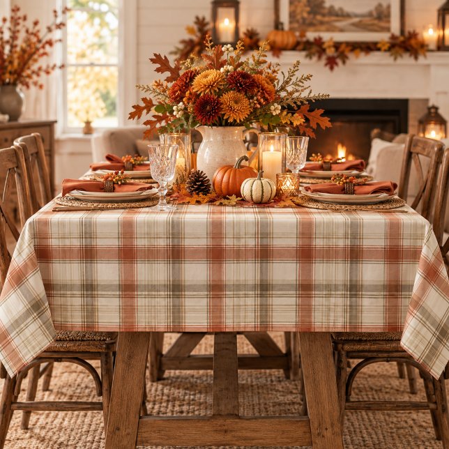 Rustic Fall Autumn Classic Plaid Rust Cream Brown Tablecloth (Creator Uploaded)