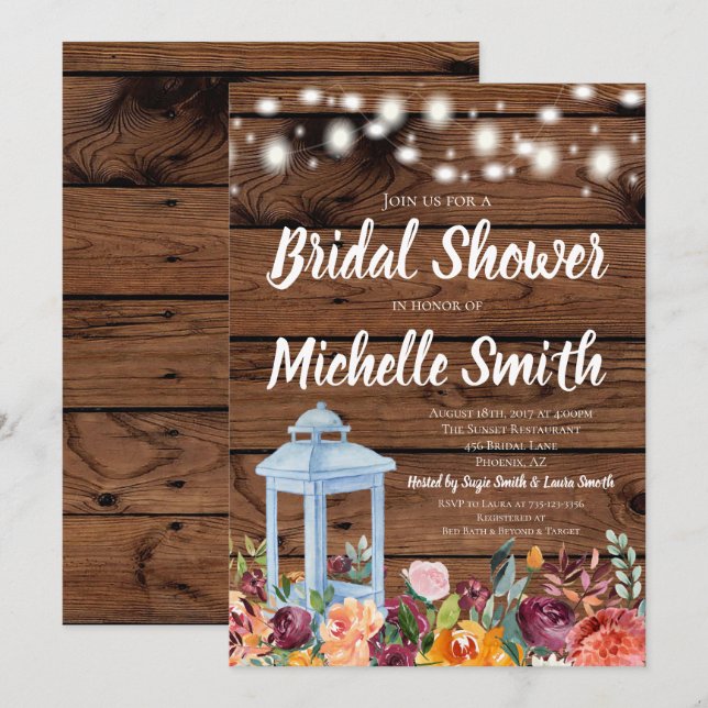 Rustic Fall Autumn Floral Lantern Bridal Shower Invitation (Front/Back)