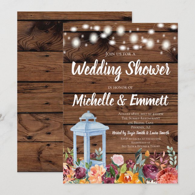 Rustic Fall Autumn Floral Lantern Wedding Shower Invitation (Front/Back)