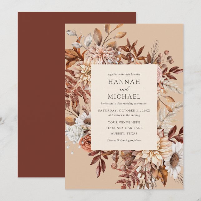 Rustic Fall Autumn Floral Leaves Wedding Invitation (Front/Back)