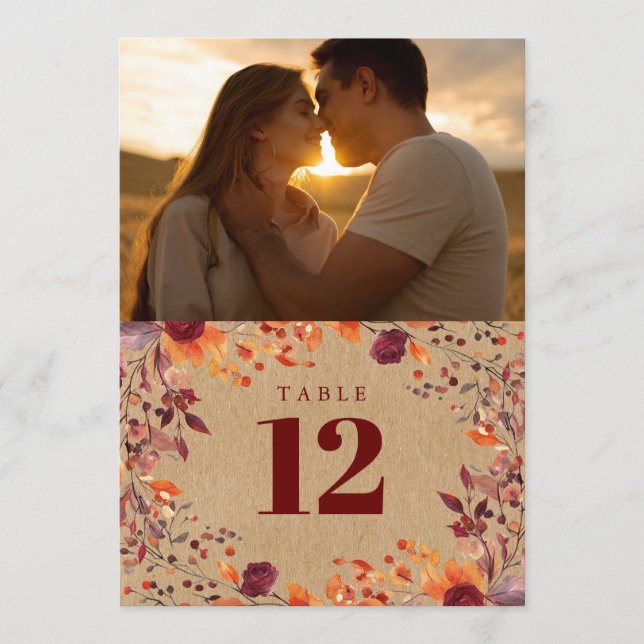 Rustic Fall Autumn Floral Photo Table Number (Front)