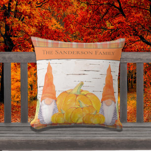 Rustic Fall Autumn Gnome orange plaid with pumpkin Cushion