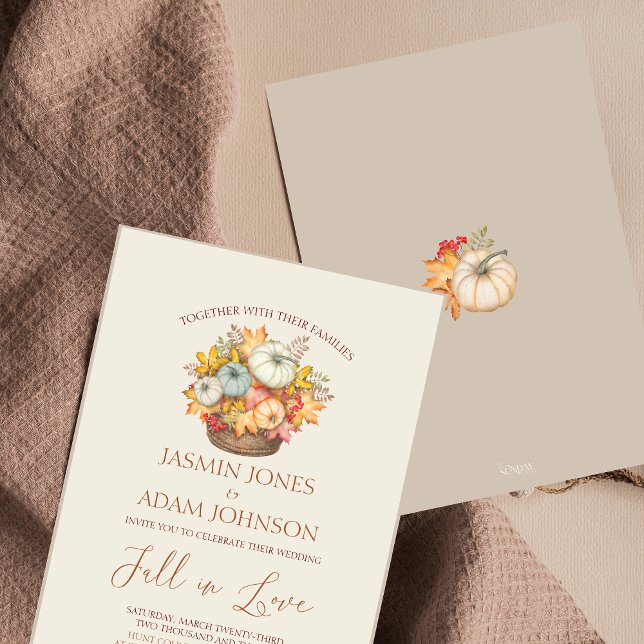 Rustic Fall Autumn Harvest Basket Neutral Wedding Invitation (Fall in Love Autumn Fall Harvest Pumpkins Wedding Invitation)