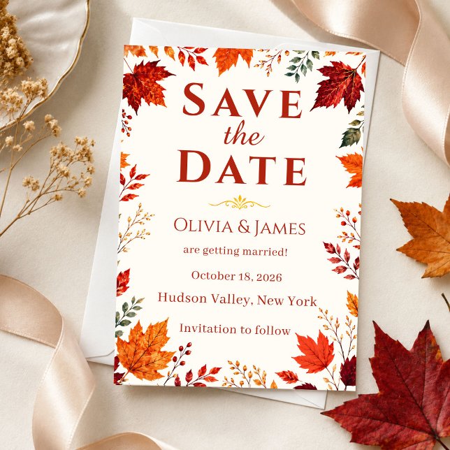 Rustic Fall Autumn Ivory & Orange Leaves Save The Date (Creator Uploaded)