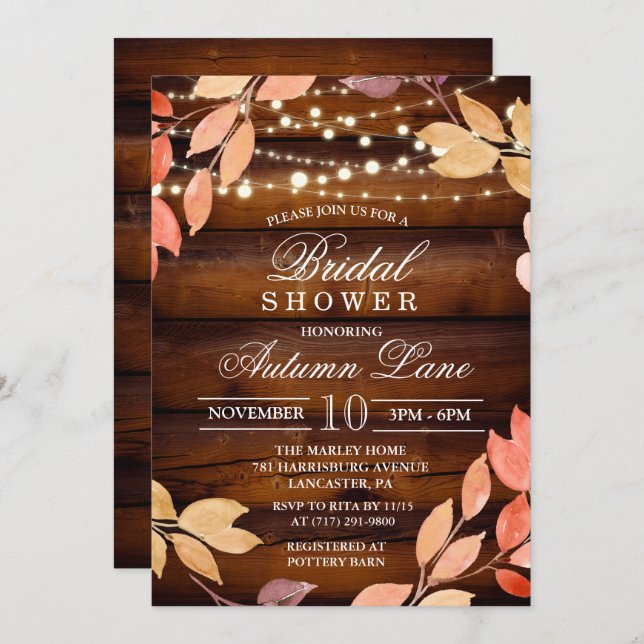 Rustic Fall Autumn Leaves Bridal Shower Invitation (Front/Back)
