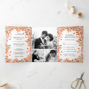 Rustic Fall Autumn Leaves Photo Collage Wedding Tri-Fold Invitation