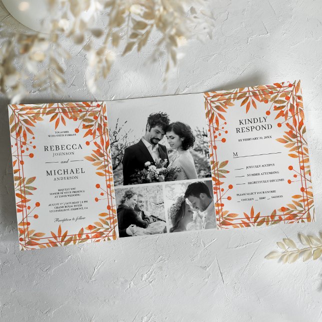 Rustic Fall Autumn Leaves Photo Collage Wedding Tri-Fold Invitation (Creator Uploaded)