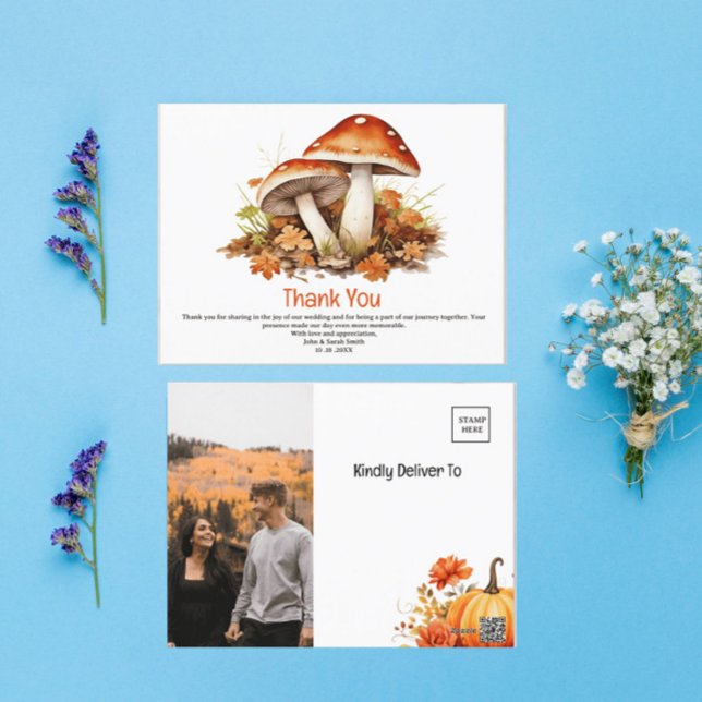 Rustic Fall Autumn Mushroom Wedding Thank You Postcard (Creator Uploaded)