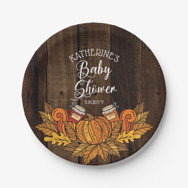 Rustic Fall | Autumn Pumpkin |Leaves Baby Shower Paper Plate (Front)